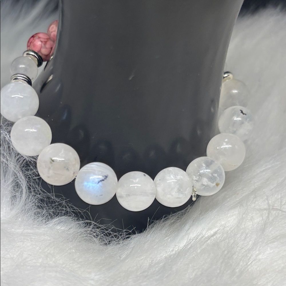 Red Coral Fossil and Rainbow Moonstone Stretch Bracelet - Picture 2 of 5